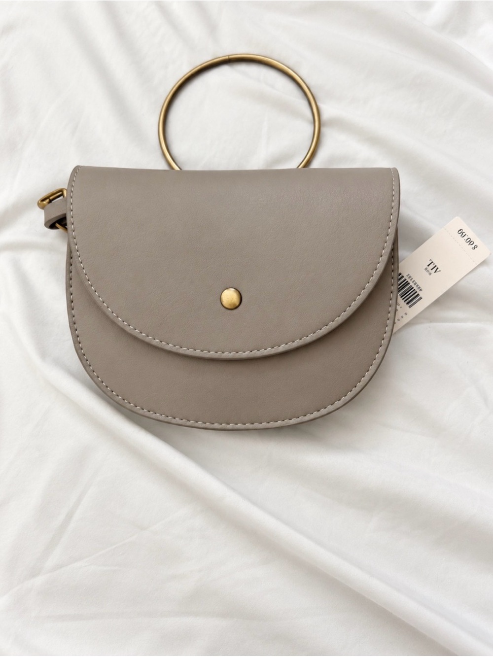 Anthropologie Stone Gray Mini Saddle Bag with Gold Ring Handle